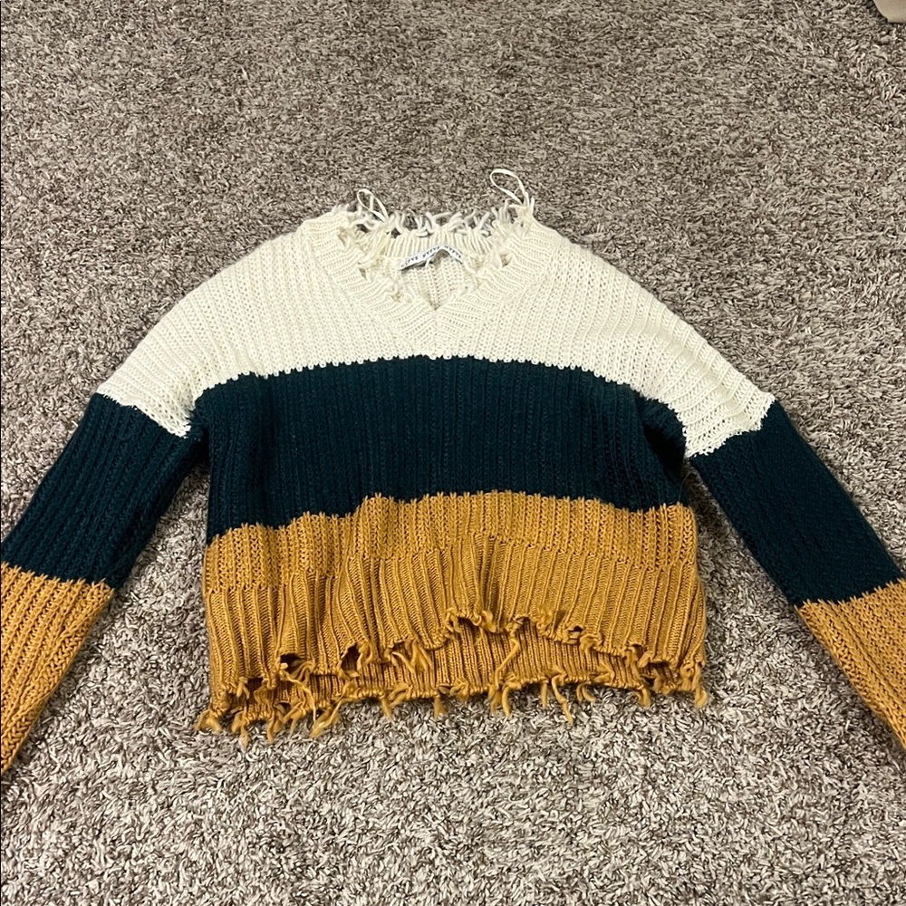 HYFVE V-Neck Colorblock Sweater in Cream, Black, and Tan